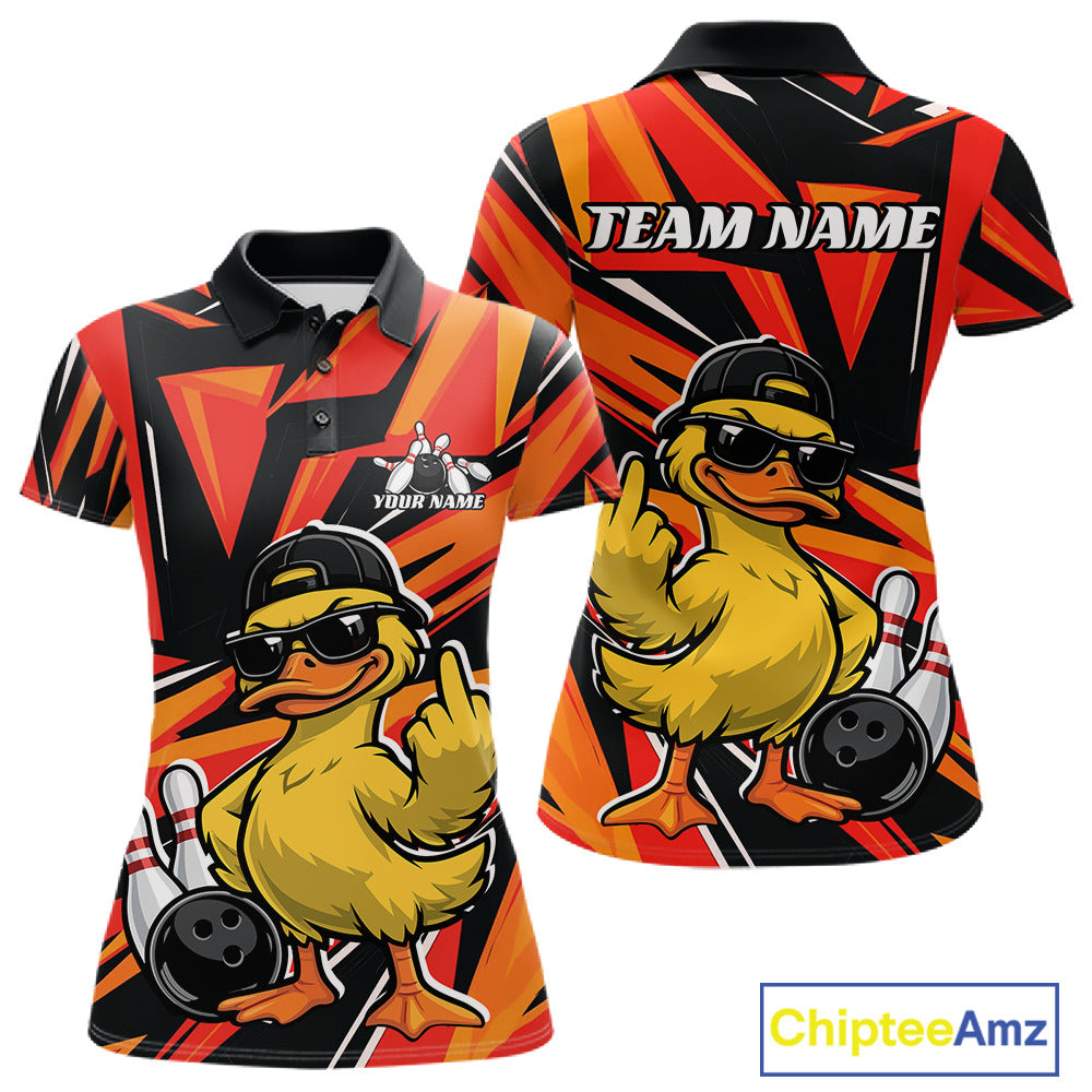 Front and back views of a womens bowling polo featuring a duck in sunglasses and cap with bowling-inspired graphics on a black and orange design.