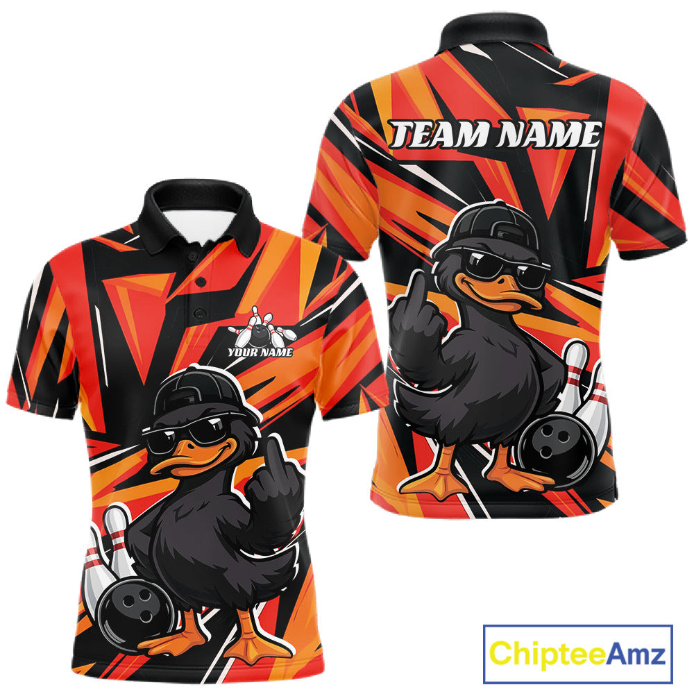 Front and back mens black and orange bowling polo featuring a duck in sunglasses and cap beside bowling pins and a bowling ball.