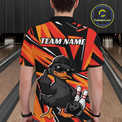 Back view of a mens black and orange bowling polo displaying a duck illustration with bowling pins and geometric accents.