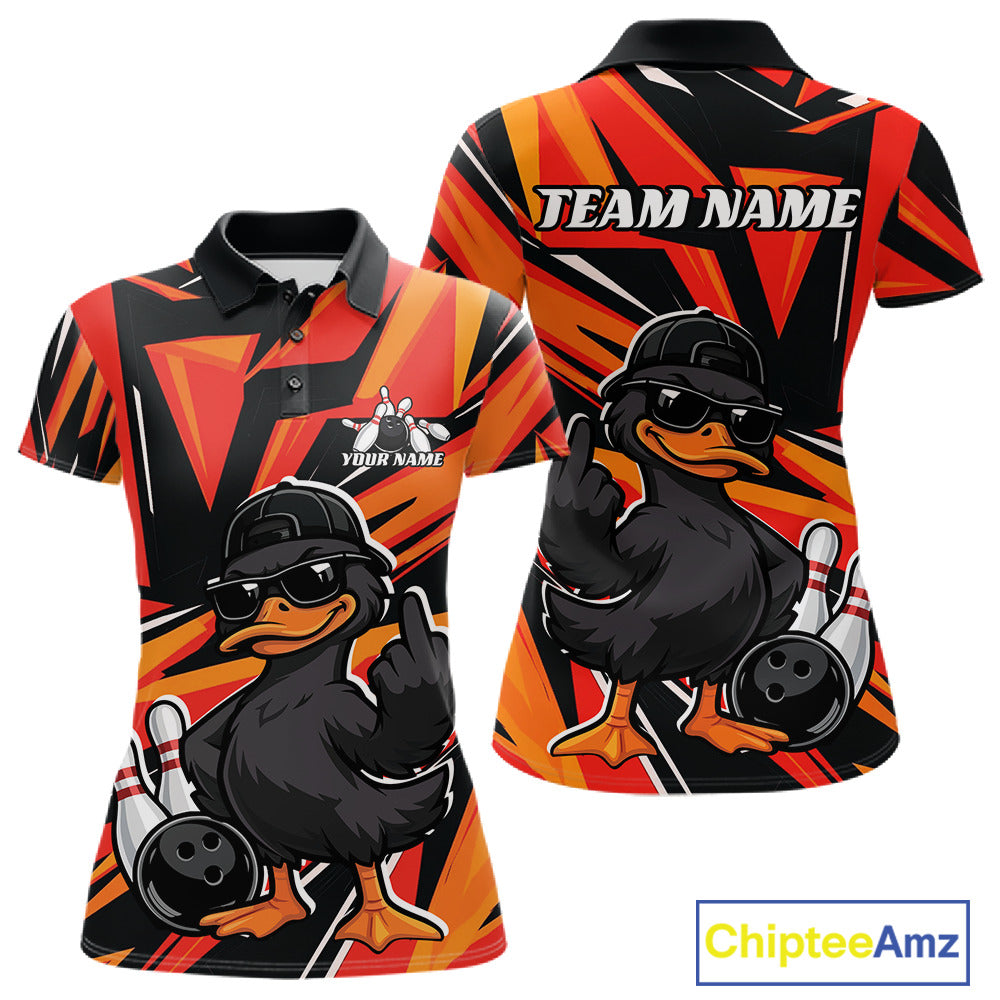 Front and back womens black and orange bowling polo mockup featuring a duck in sunglasses and cap beside a bowling ball and pins.