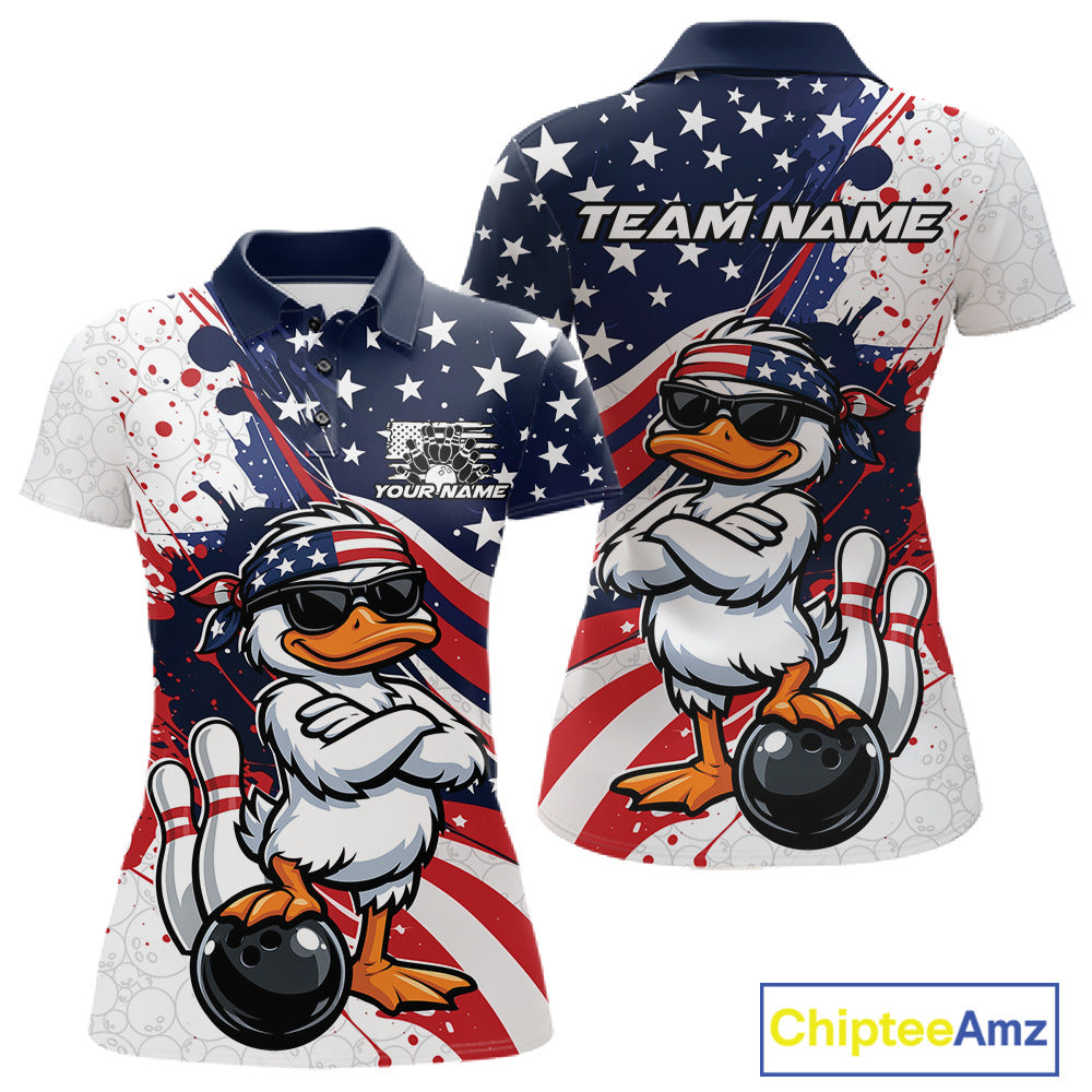 Womens bowling polo shirt mockup in front and back views with patriotic duck graphics wearing sunglasses next to a bowling ball.