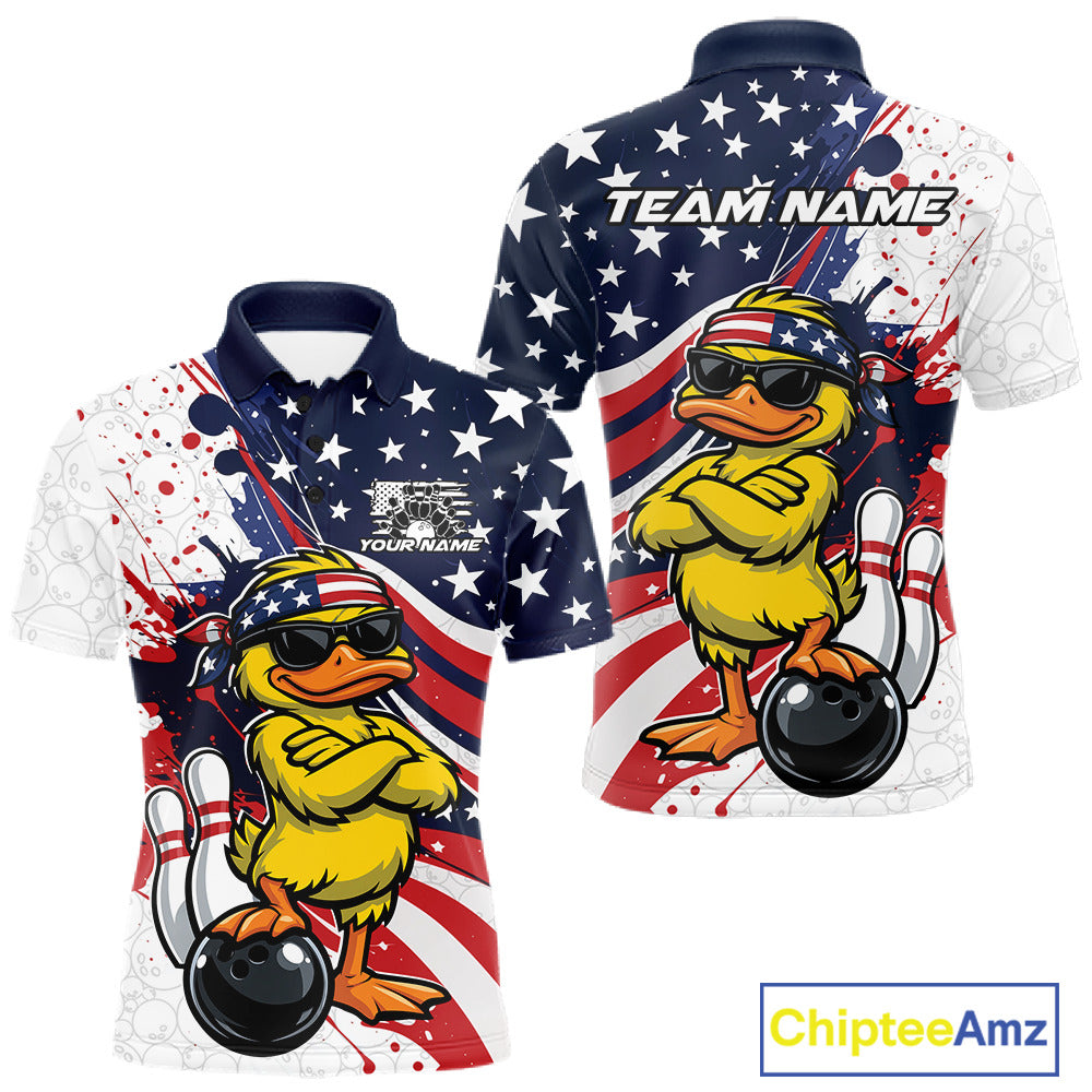 Front and back mens bowling polo mockup featuring a patriotic duck wearing sunglasses beside a bowling ball graphic.