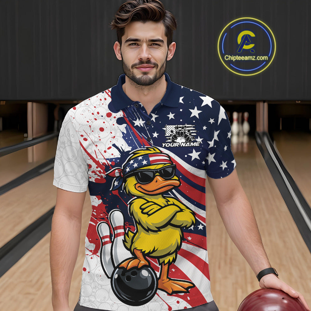 Male model in a bowling alley wearing a bowling polo with patriotic duck artwork and bowling-themed accents.