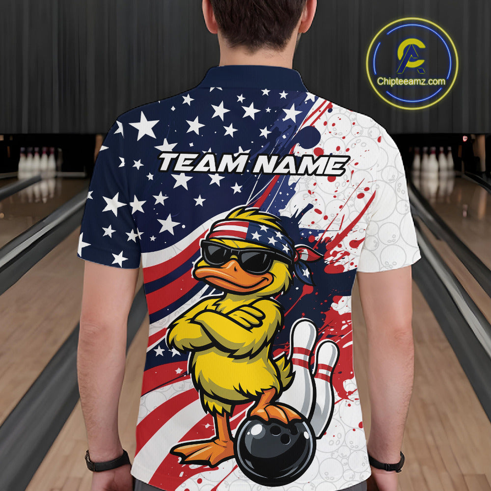 Back view of a bowling polo displaying a patriotic duck in sunglasses next to a bowling ball illustration.