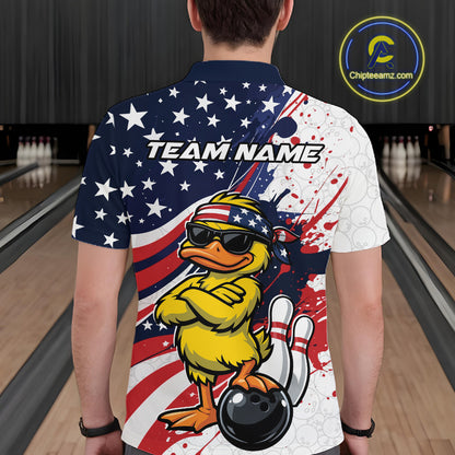 Back view of a bowling polo displaying a patriotic duck in sunglasses next to a bowling ball illustration.
