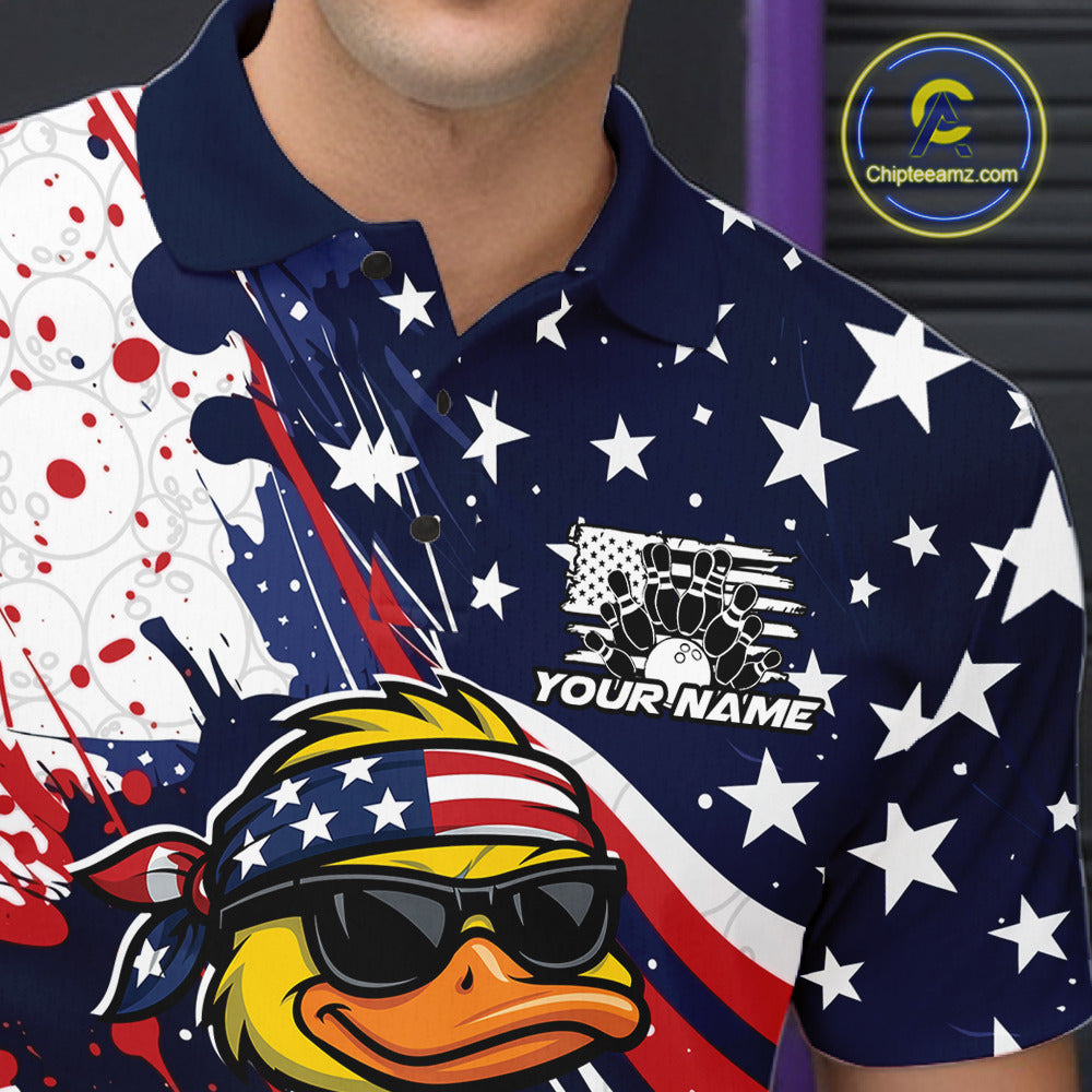 Left chest close-up of a bowling polo featuring a patriotic duck and bowling ball motif.