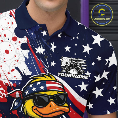 Left chest close-up of a bowling polo featuring a patriotic duck and bowling ball motif.