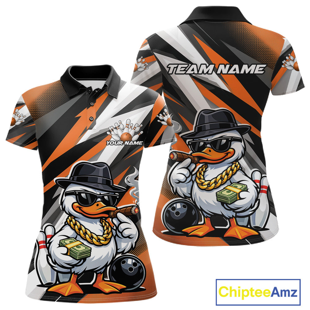 Front and back view of a womens black and orange bowling polo shirt featuring a duck in sunglasses and fedora holding cash and a cigar beside bowling ball and pins.