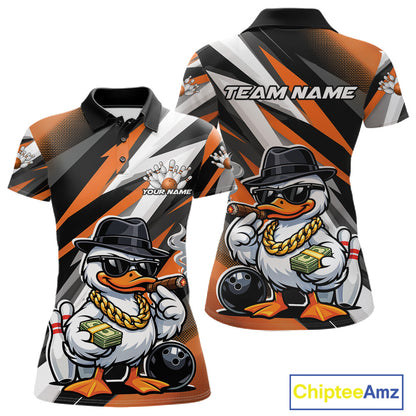 Front and back view of a womens black and orange bowling polo shirt featuring a duck in sunglasses and fedora holding cash and a cigar beside bowling ball and pins.
