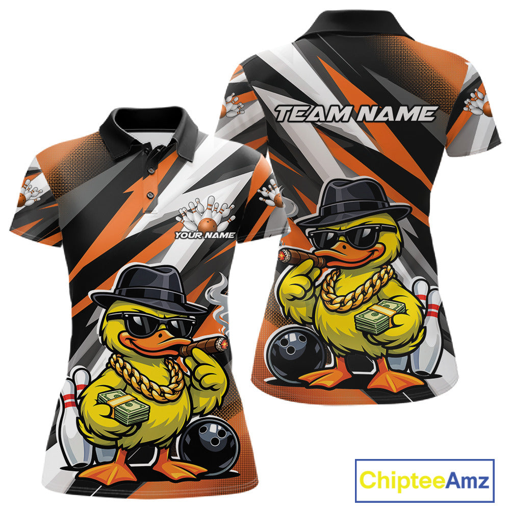 Front and back view women’s polo shirt mockup featuring duck in sunglasses and fedora holding cash and cigar beside bowling ball and pins black and orange design