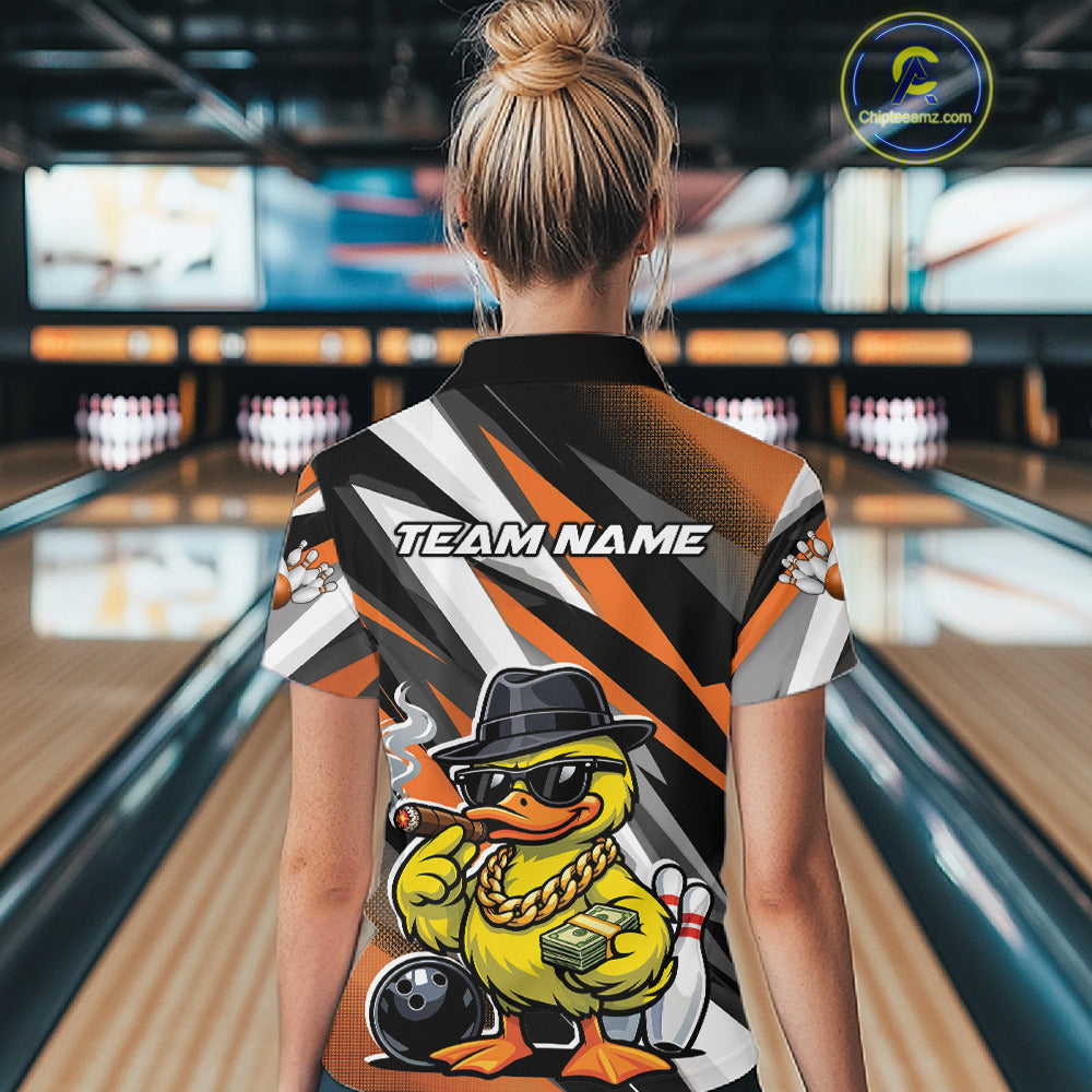 Back view female model in bowling lane wearing polo shirt with duck sunglasses fedora cash cigar bowling ball and pins design