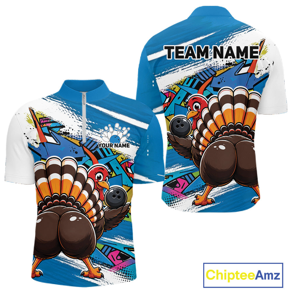 Front and back views of a blue custom quarter zip bowling shirt featuring a funny graffiti turkey holding a bowling ball, paint splatter accents, and a personalized name.