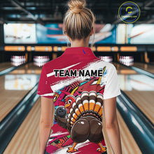 Load image into Gallery viewer, Back view of a female model in a bowling alley wearing a red custom quarter zip bowling shirt with a funny graffiti turkey holding a bowling ball, paint splatter accents, and a personalized name.