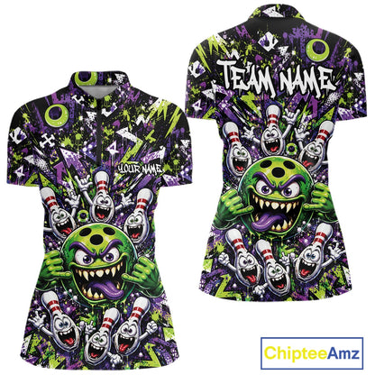 Front and back view of a green and purple women's bowling quarter-zip shirt featuring a mischievous green monster bowling ball with sharp teeth, a purple tongue, playful hand gesture, and cheerful cartoon bowling pins.