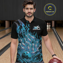 Load image into Gallery viewer, Custom Blue Fire Flame Bowling Men Polo Shirts, Bowling Team League Shirt IPHW11138