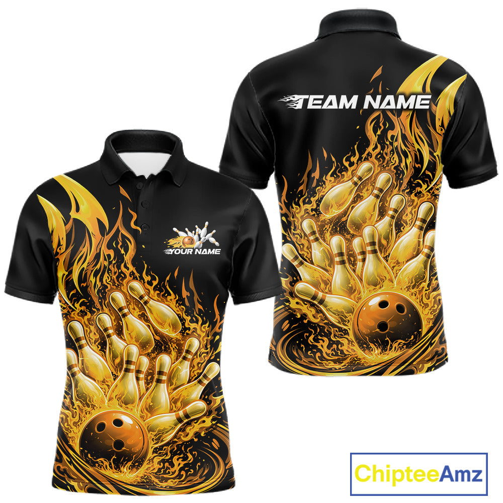 Mens bowling polo mockup in black and yellow shown from front and back with flaming bowling ball artwork crashing into pins.