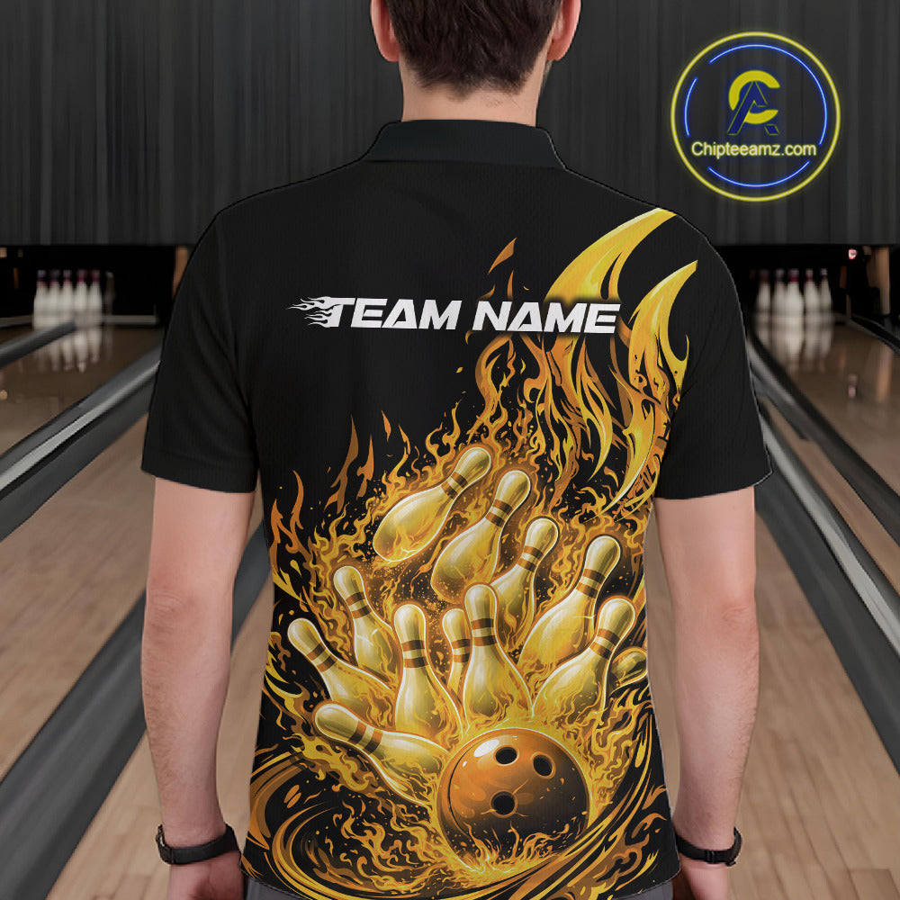 Back view of a black and yellow bowling polo worn by a male model featuring fiery bowling-themed accents.