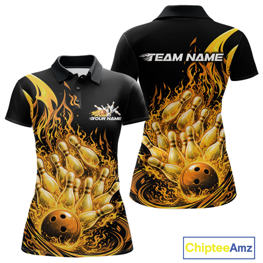 Front and back view of a women’s polo shirt featuring flaming bowling ball striking pins pink explosive fire burst artwork