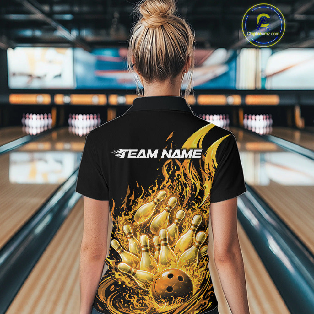 Back view female model wearing polo shirt with flaming bowling ball striking pins pink explosive bowling design