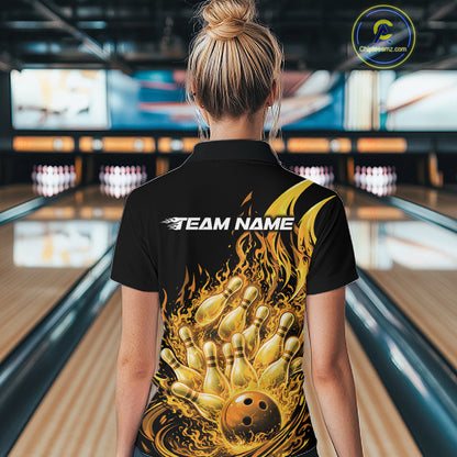 Back view female model wearing polo shirt with flaming bowling ball striking pins pink explosive bowling design