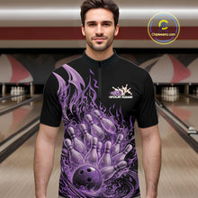 Load image into Gallery viewer, Custom Purple Fire Flame Bowling Men Quarter-Zip Shirts, Bowling Team League Shirt IPHW11140