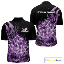 Load image into Gallery viewer, Custom Purple Fire Flame Bowling Men Quarter-Zip Shirts, Bowling Team League Shirt IPHW11140