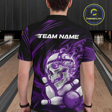 Load image into Gallery viewer, Person wearing a black bowling shirt with a purple skull design and 'Team Name' text at a bowling alley.