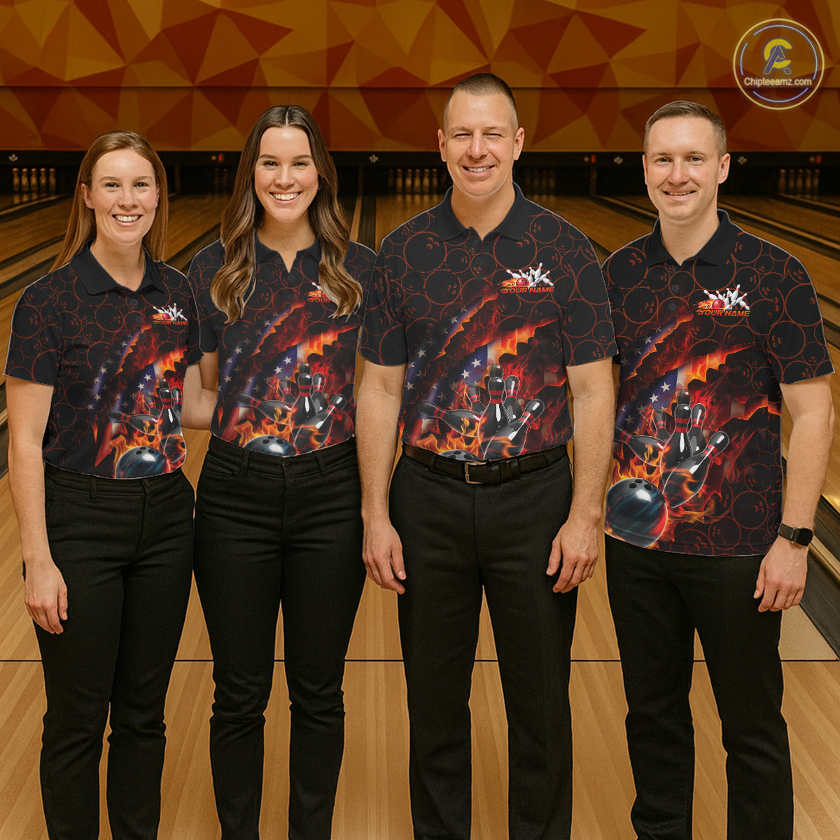 Custom Patriotic Flame Men Bowling Team Shirt, US Flag Bowling League Team Shirt IPHW10192