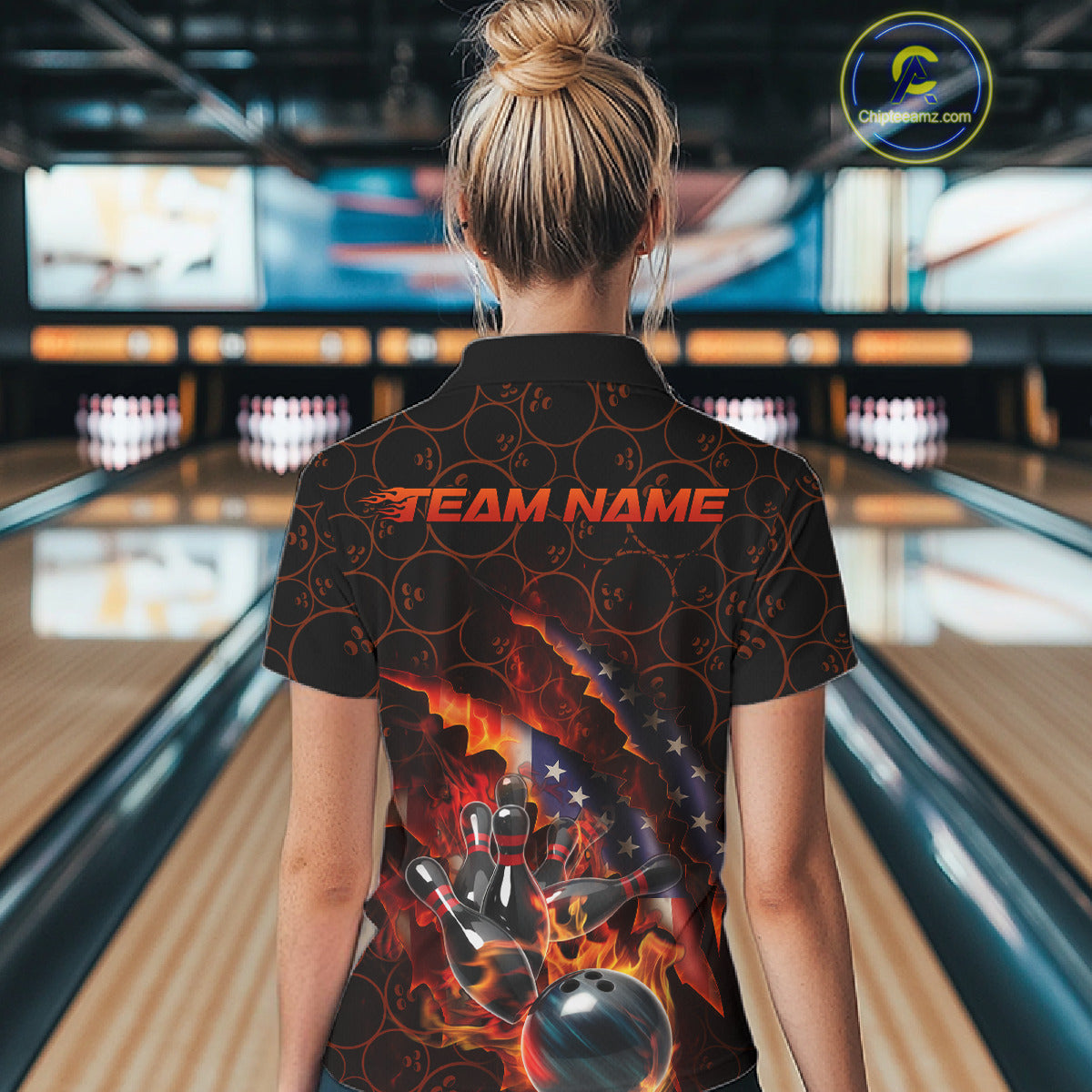 Custom Patriotic Flame Women Bowling Team Shirt, US Flag Bowling League Team Shirt IPHW10192