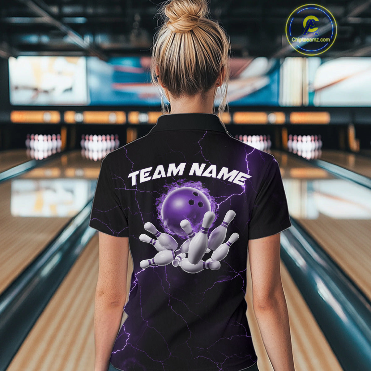 Custom Purple Thunder Lightning Flame Bowling Ball Women Bowling Team Shirt Bowler Outfit IPHW10671