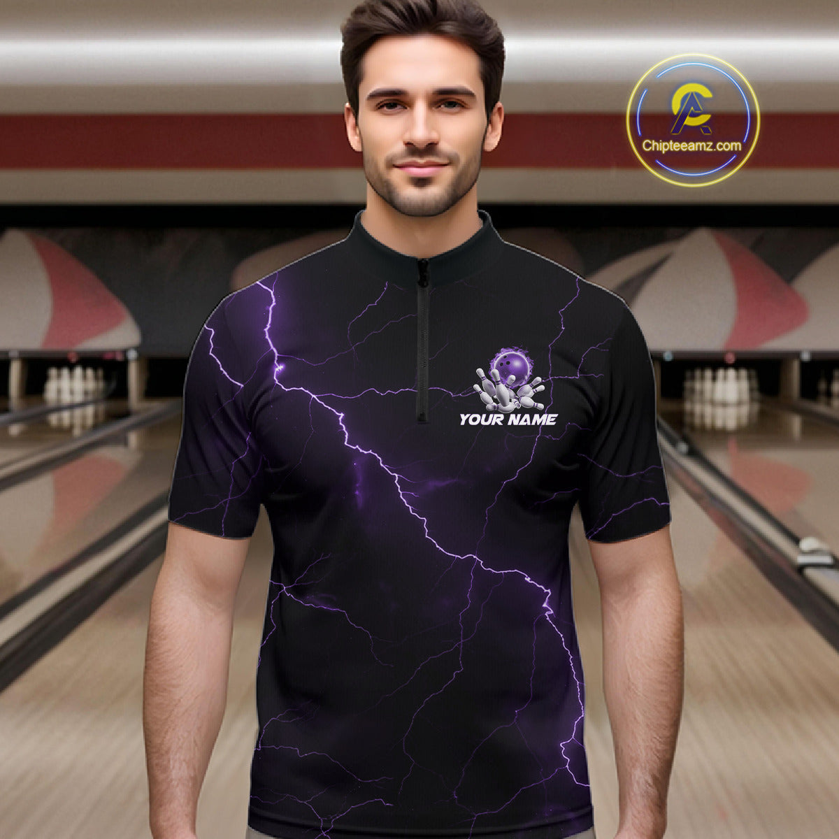 Custom Purple Thunder Lightning Flame Bowling Ball Men Bowling Team Shirt Bowler Outfit IPHW10671