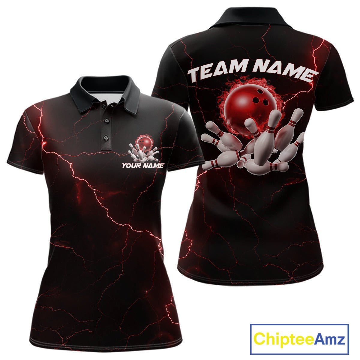 Custom Red Thunder Lightning Flame Bowling Ball Women Bowling Team Shirt Bowler Outfit IPHW10672