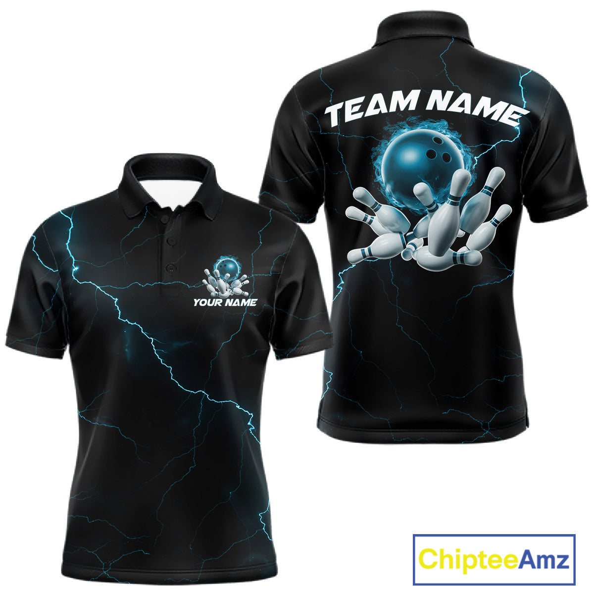 Custom Blue Thunder Lightning Flame Bowling Ball Men Bowling Team Shirt Bowler Outfit IPHW10674