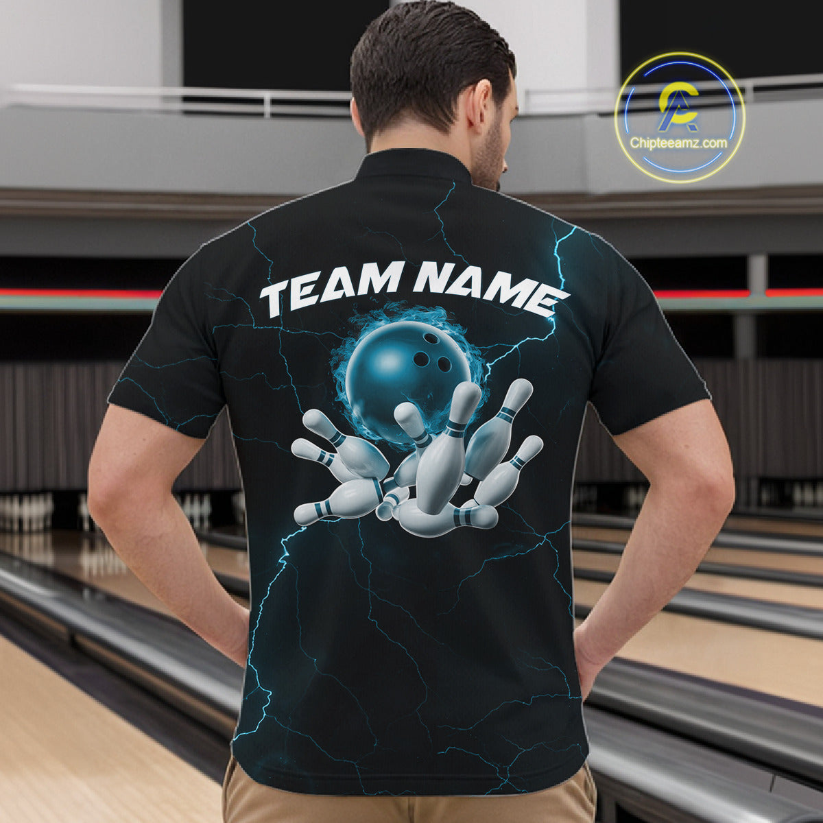 Custom Blue Thunder Lightning Flame Bowling Ball Men Bowling Team Shirt Bowler Outfit IPHW10674
