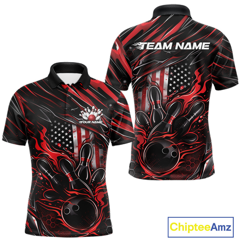 Front and back display of a black and red men’s bowling polo shirt featuring a patriotic flaming bowling ball striking pins and American flag details.