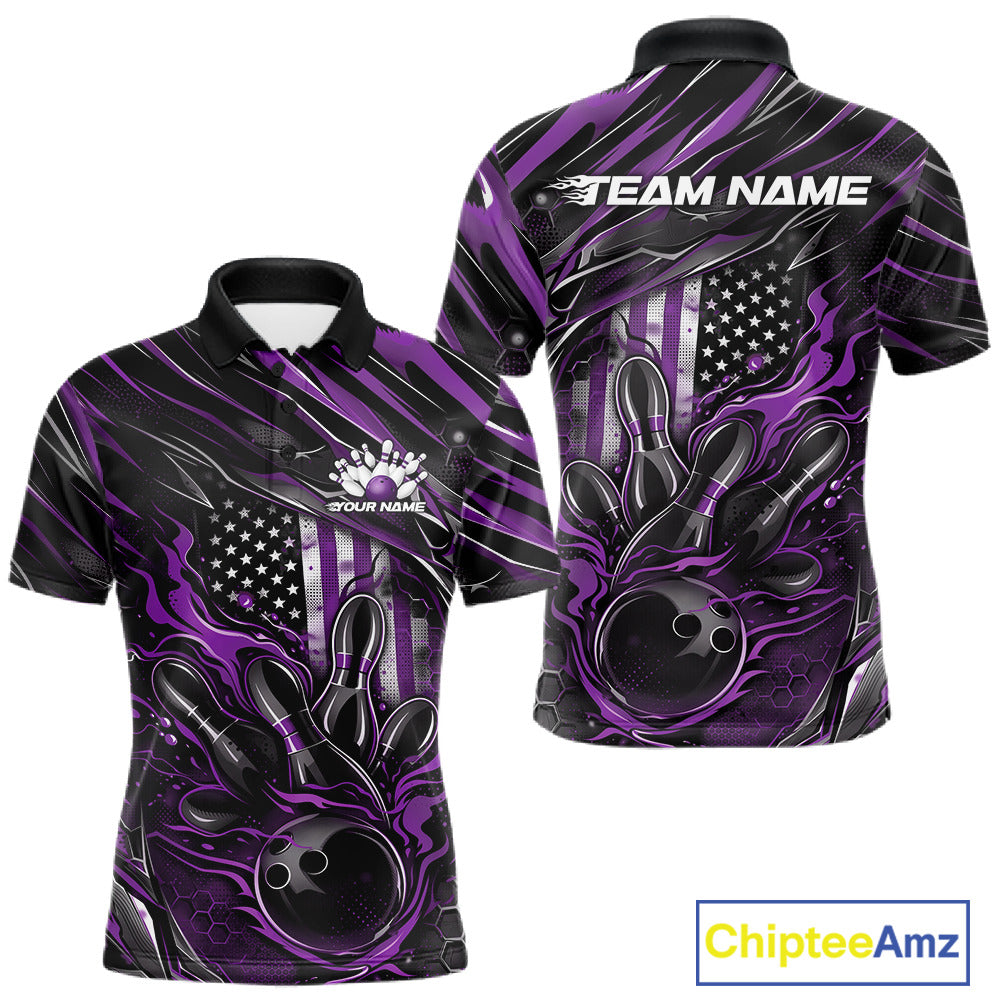Front and back view of a black and purple men’s bowling polo shirt featuring a patriotic flaming bowling ball striking pins with American flag accents.
