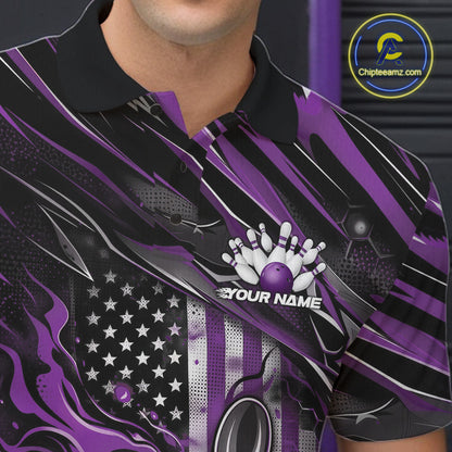 Close-up of the left chest area on a black and purple bowling polo shirt featuring a patriotic bowling strike graphic with flame effects.
