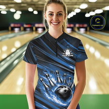Load image into Gallery viewer, Custom Blue Fire Flame Bowling Team Women Quarter-Zip Shirt, Bowling League Shirt IPHW11186