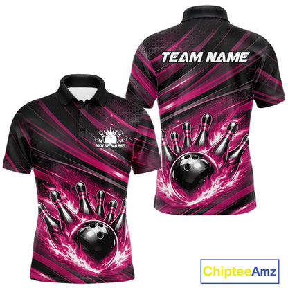Front and back mockup of a black and pink men’s bowling polo shirt showcasing a fiery bowling ball striking pins with abstract stripe artwork.
