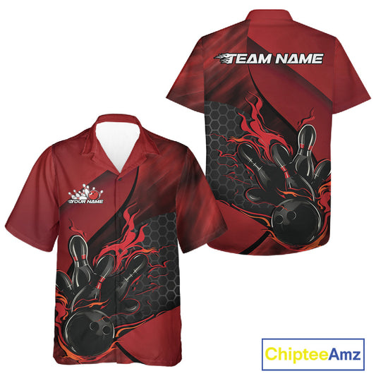 Front and back view of a black and red button-up bowling shirt showcasing a fiery bowling strike design with a hexagon pattern.