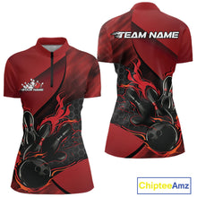 Load image into Gallery viewer, Custom Red Flame Bowling Team Women Quarter-Zip Shirt, Bowling League Bowler Outfits IPHW11190