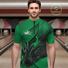 Load image into Gallery viewer, Custom Green Flame Bowling Team Men Quarter-Zip Shirt, Bowling League Shirt Bowler Outfits IPHW11193