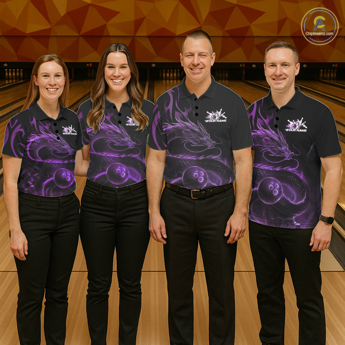 Custom Purple Tribal Flame Dragon Bowlin Team Men Polo Shirt, Dragon Bowling Jerseys IPHW10231