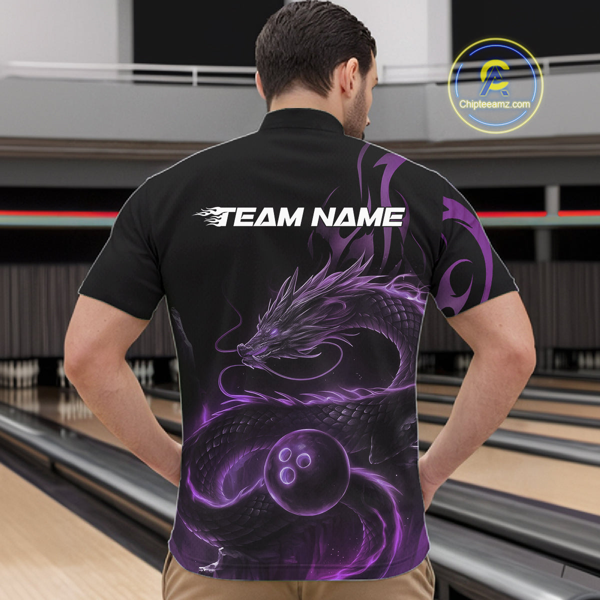 Custom Purple Tribal Flame Dragon Bowlin Team Men Quarter-Zip Shirt, Dragon Bowling Jerseys IPHW10231