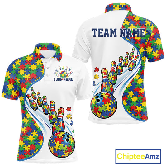 Men’s bowling polo shirt mockup front and back displaying colorful autism-themed bowling strikes and puzzle artwork on white shirt