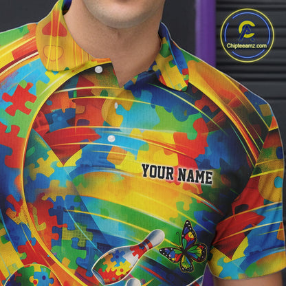 Close-up left chest detail of colorful bowling polo shirt featuring autism puzzle ribbon and bowling-themed emblem design