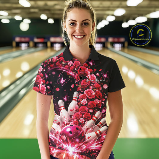 Custom Beautiful Red Roses And Butterfly Women Bowling Team Shirt, Bowling League Shirt IPHW10888
