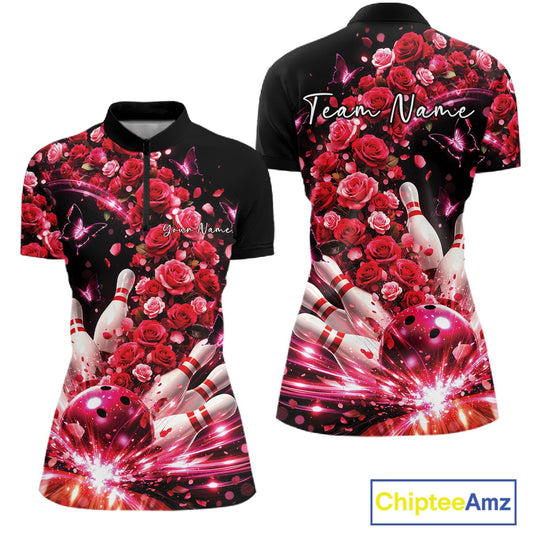 Custom Beautiful Red Roses And Butterfly Women Bowling Team Shirt, Bowling League Shirt IPHW10888