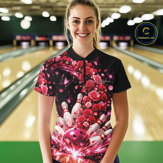 Custom Beautiful Red Roses And Butterfly Women Bowling Team Shirt, Bowling League Shirt IPHW10888