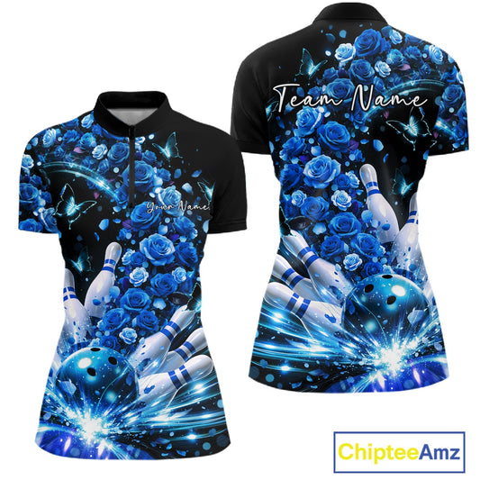 Custom Beautiful Blue Roses And Butterfly Women Bowling Team Shirt, Bowling League Shirt IPHW10889